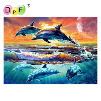 DPF 5D DIY Diamond Slikarstvo Morje, sončni zahod dolphin Celoten Kvadratni Diamond Vezenje Nosorogovo Mozaik Slikarstvo dekoracijo za darilo 1035