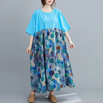 Plus Velikost Poletje cvjetnim Tiskanja obleko Bombaža Dolgo ženske Obleke za ženske, 4XL 5XL 6XL Haljo Femme Svoboden Boho Plaži Priložnostne Obleko 101872