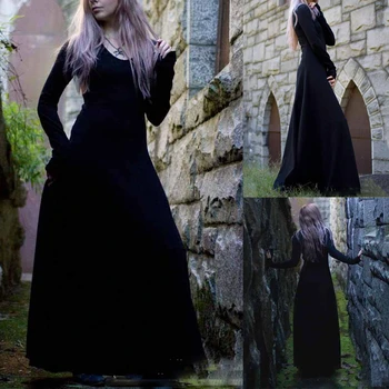 Viktorijanski Gothic Obleko Čarovnica Cosplay Black Srednjeveški Kostum, Dolg Rokav Renesančni Palači Vampir Lasuljo Lase Halloween Fancy 10261