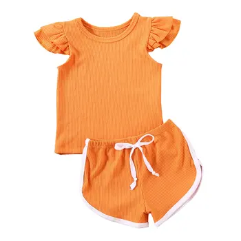Novorojenih Otrok Baby Dekle Poletje pleteno Obleko, Oblačila, ki Trdno letenje rokav T-shirt Vrh Hlače Hlače 2PCS sunsuit 12M-5T