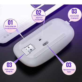 Ultra-tanek Tiho 2.4 G Wireless Mouse A2 Lahki Prenosni LED Barvna Luč za Polnjenje Izključite Miško Miši za Prenosni RAČUNALNIK