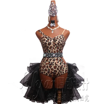 Latinsko Plesna Obleka Latin Krilo Konkurence Obleko Kostume, Ki Opravljajo Obleko Odraslih Prilagodite Otrok Leopard Tiskanja Črno Beading D