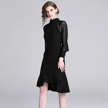 Koreja Modi Dolgi Rokav Fishtail Ženske Obleke Ropa Mujer Verano 2021 Pomlad Black Midi Stranka Obleko Haljo Femme K5255