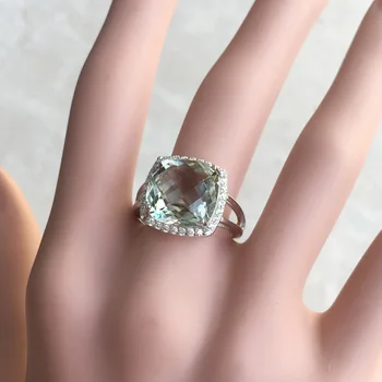CSJ Elegantno zelena ametist obroč blazine cut12mm gemstone obroči sterling srebro 925 fine nakit za ženske, dekle z šatulji