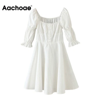 Aachoae Elegantno Linijo Mini Obleka Ženske Puff Rokav Gumbi Trdna Bombaž Obleka Ženske Kvadratnih Ovratnik Elegantna Bela Obleke 2020