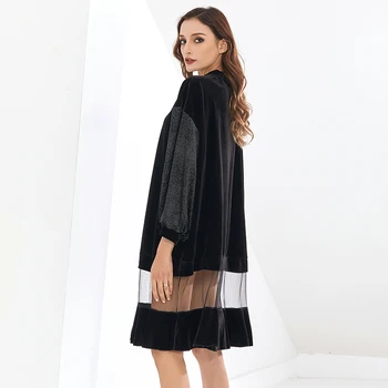 TWOTWINSTYLE Mozaik Očesa Črno Obleko Za Ženske O Vratu Luč Rokav Priložnostne Ohlapne Obleke Ženskih Modnih Oblačil 2020 Slog