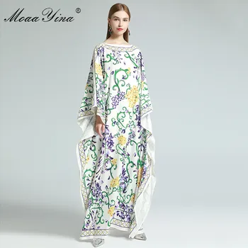 MoaaYina Modni Oblikovalec obleko Pomlad Ženske noše Batwing Rokav Cvjetnim Natisni Maxi Svoboden Haljo Obleke