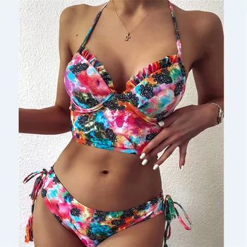 Ženske Bikini 2020 Dva Kosa Roza Cvetlični Tisk Bikini Komplet Poletnih Povoj Push Up Kopalke Lady Brazilski Visoko Pasu Kopalke Obleko