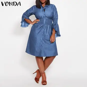 Priložnostne Ohlapne Obleke Vestidos VONDA 2021 Kolena-Dolžina Obleko Modne Demin Modra Majica Obleke, Ženske Jeseni Sundress Ženski Plašč 116618