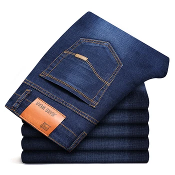 919 Classic moške plus velikost jeans, Moda business casual elastična sila Slim fit črna modra blagovne Znamke hlače 123639