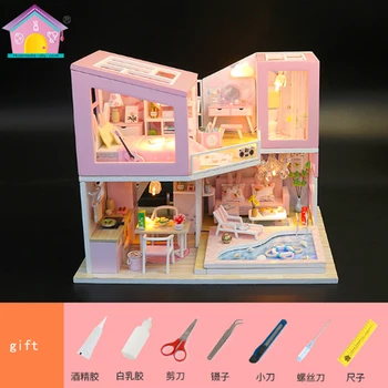 Ustvarjalne DIY koči, Otroke, Odrasle, Mini Lutka hiša, Lesene Garniture po meri igrača Prva Ljubezen stavbe darilo za rojstni dan