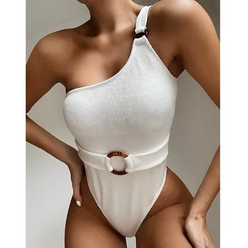 Bele kopalke ženske pasu bikini 2020 Mujer Visoko izreži bodysuits enodelne ženske kopalke monokini Eno ramo kopalke nova