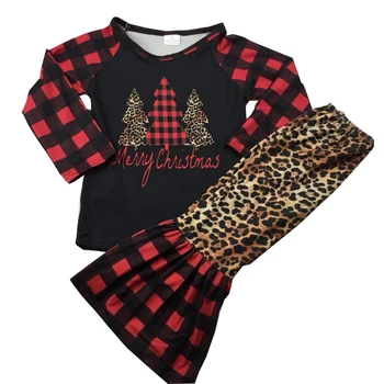 Otroci dekle božično drevo print set modi leopard črni in rdeči kariran bell dnu obleke 66 132232