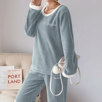 2020 Pozimi Flanela Pižamo Nastavite Ženske Korejski Dolg Rokav Jopice Elastični Pas Hlače Sleepwear Žamet Homewear Salon Obrabe
