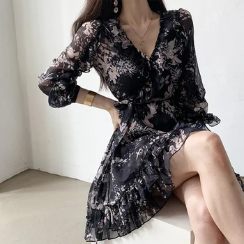 Poletje Srčkan Elegantno korejski Obleke, Ženske Flhjlwoc Koreji, japonski Slog Oblikovanja Cvjetnim Natisne Črno Šifon Cvetlični Obleko Roza 5308 138136