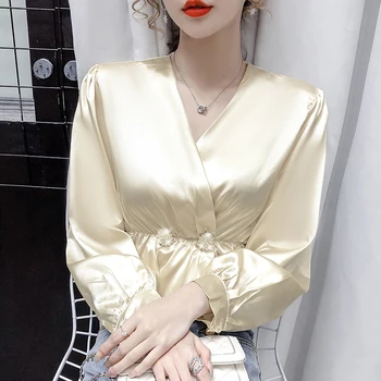 Korejski Svileno Bluzo Ženske Proti-vrat Saten Bluze za Ženske z Dolgimi Rokavi Saten Rokavi Ženske Beading Pasu Svilene Bluze Vrhovi Plus Velikost