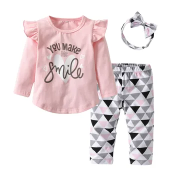 3Pcs Newborn Baby Girl Obleke, Roza Rokav Ruffle Vrhovi+Geometrijske Hlače+Glavo za Malčke Baby Toddler Dekliška Oblačila Sklop 140690