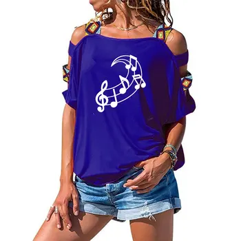 Nove Glasbe Opomba Luna Grafika, Tiskanje T Shirt Poletje Ženske tshirt Bombaž Seksi Votlih Iz Ramen Tee 141764