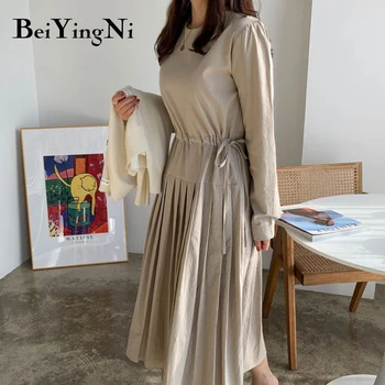 Beiyingni Dolgimi Rokavi Ženske noše 2020 Priložnostne Letnik Plus Velikost korejskem Slogu Elegantno Naguban Midi Obleko Čipke-up Modnih Oblačilih,
