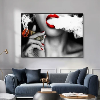 Seksi Dekle Je Kajenje Cigar, Plakatov In Fotografij Rdeče Ustnice Wall Art Platno Natisne Sodobne Pop Art Slik Za Dom Dekoracijo Sten 147163