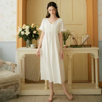 2020 Kratka Sleeved Bombaž Bela Nightdress Ženskih Poletnih Princesa Sladko Plus-velika Sleepwear Nightgown Domov oblačila Za Spanje