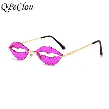 QPeClou 2020 Nov Modni Seksi Rdeče Ustnice Sončna Očala Ženske Kovinski Rimless Smešno Barvita Stranka Sončna Očala Ženski Kažejo Živo Odtenki