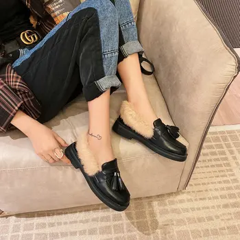 Luksuzne blagovne znamke oblikovalec ženske čevlje rese močen nizkih petah ženska slip-on loafers zimske čevlje s specializiranimi za umetno krzno, plus velikost 33-46