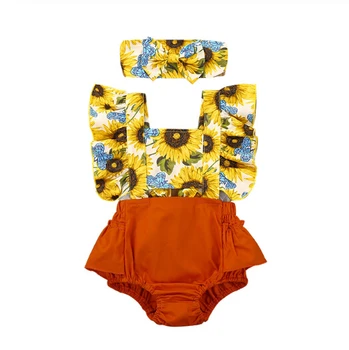 Newborn Baby Girl Obleke Sončnice Tiskanja Cvet Ruffle Rokav Romper Jumpsuit Glavo 2Pcs Obleke Sunsuit Summer Set