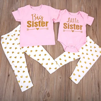 Veliko Leglo Sestra Družino Ujemanje Obleko Oblačila Newborn Baby Dekle Kratek Rokav Romper T-shirt Vrh+Ljubezen, Tiskanje Hlače Oblačila, ki