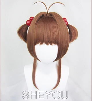 Cardcaptor Sakura Kinomoto Sakura Lasulje Styled Sintetičnih Las Perucas Cosplay Lasulja + Rdeče Kroglice Hairbands