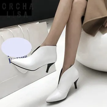 ORCHA LISA Ženska Stiletto pete, gleženj škornji v-vrste tankih visokih petah Gospa črnega belo čevljev botines mujer big szie 43