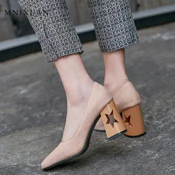 Moda črpalke ženske čevlje novo 2020 pomladni blok kvadratnih pete votlih visokih petah jasno plitvo priložnostne dame platno čevlji velikosti 33 9