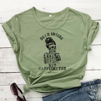 Mrtvo, Vendar Kofeinskih T-shirt Sablastan Ženske Kave Okostje Graphic Tee Rokavi Top Smešno Mama Življenje Darilo Tshirt 156773