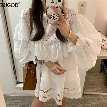 RUGOD Elegantne Bele Čipke Obleko Ženske korejski Moda Votlih Iz Ruffle Mini Obleka 2020 Poletje Priložnostne Luč Rokav O Vratu Obleko