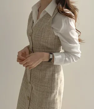 2020 Elegantna Dva Kosa Iz Ženskih Dolg Rokav Bela Bluza Majice+V Vratu Beloprsi Singl Kariran Tank Obleko Korejski Jeseni Ženska Set