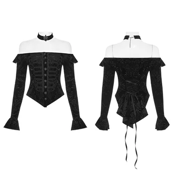 PUNKRAVE ženski Gothic Victoria Kraljevi Palači Letnik Žamet Bluze Krasen Seksi Eno besedo Ovratnik Prom Obleke Večerja