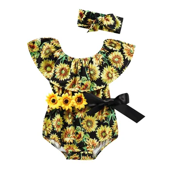 Baby Bodysuit 2020 Newborn Baby Dekle 2PCS Poletnih Oblačil Sončnično brez Rokavov Jumpsuit Obleka, Obleke