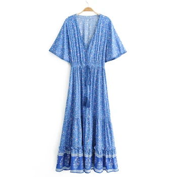 TEELYNN maxi Obleke za ženske rajon modra Cvjetnim tiskanja seksi globoko v-ncek boho poletne obleke svoboden Hipi dolgo obleko Vestidos