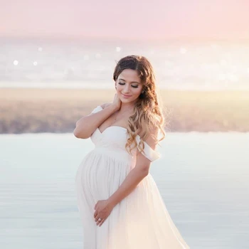 Slip Trak Porodniškega Šifon Dolge Obleke, Ki Režejo Odpri Prednji Porodniškega Dolge Obleke Za Fotografiranje Nosečnosti Šifon Obleko Maxi