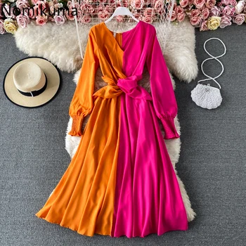 Nomikuma 2021 Pomlad Beach Slog Ženske obleke korejski Hit Barve Vestidos Dolgimi Rokavi, V-izrez Twisted Vitek Pas, Dolge Obleke, 6E334