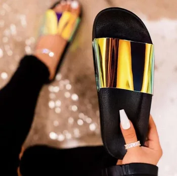 Evropa Moda Sequins Sandali/natikači 2019 Nove Ženske Plezati Barvni Vzorec Ravno Plaži Flip Flop Prostem Divje PVC Copate 168707