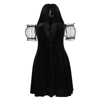InsGoth Vintage Obleko Goth Estetske Luna Povodcem Črne Obleke Gothic Seksi Čipke Visoko Pasu Mini Obleka Y2K Božič Partywear