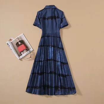 Novi korejski Modni Slog Obleko Ženske Zavoj navzdol Ovratnik Gradient Barvno Tiskanje Kratek Rokav Temno Modra Dolgimi Rokavi Obleka Naguban