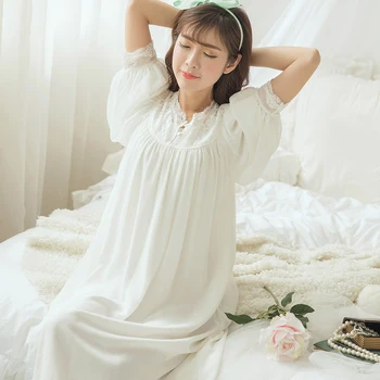 Ｗomen Vezene Šifon Kratka Sleeved Dolgo Nightdress Visoko Kakovostni Bambusa Vlaken Retro Vintage Mehke Čipke Nightgown