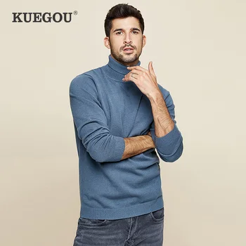 KUEGOU jeseni, pozimi Moški pulover Pletenje Visok ovratnik turtleneck moških Topel pulover, moda, gospod plus velikost XZ-8923
