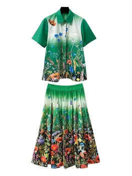 Big-ime poletje žensk bombaž cvjetnim natisniti moda svoboden top majica + nabrano krilo obleko 2020New visoko pasu obleko, dvodelno, XL 187711