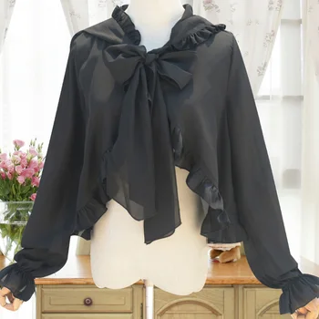 2020 Bež Šifon Ruffles Čipke Long Sleeve Vintage Viktorijanski Bluzo Gothic Lolita Vrh Steampunk Seksi Hooded Majica Za Ženske