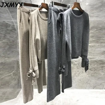 JXMYY visoko kakovost volne pletene 2 delni set kašmir ohlapen pulover puloverju elastična wiast obleko hlače trenirka ženske 18829