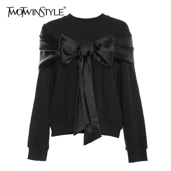 TWOTWINSTYLE Mozaik Bowknot Elegantna Majica Za Ženske O Vratu Dolg Rokav Priložnostne Black Ženski Puloverji 2020 Padec Moda Nova