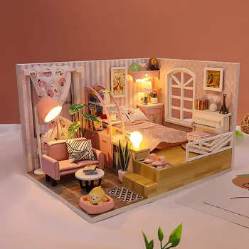 DIY Roza Mansarda Lesene Lutke Sestavljeni Komplet v kompletu z majhnim Trinožnim Svetlo Pohištvo Princesa Casa Lutka Hiša Igrače za Otroke, Dekleta Darila